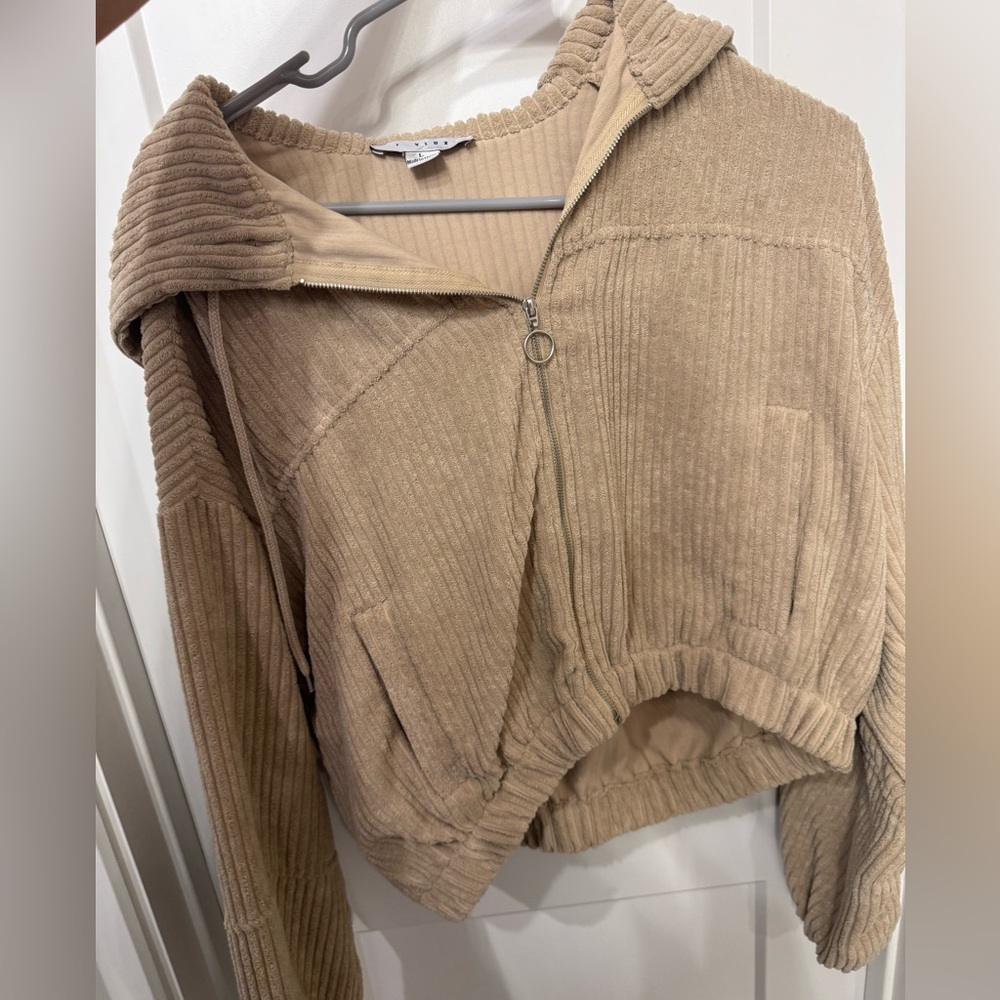 Tan Ribbed Zip-Up Hoodie